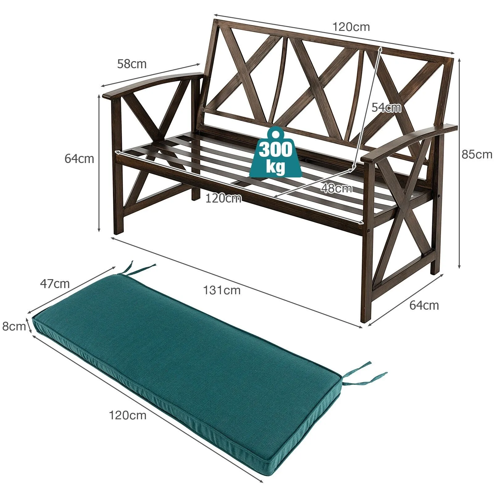 131cm Garden Bench with Detachable Sponge-padded Cushion