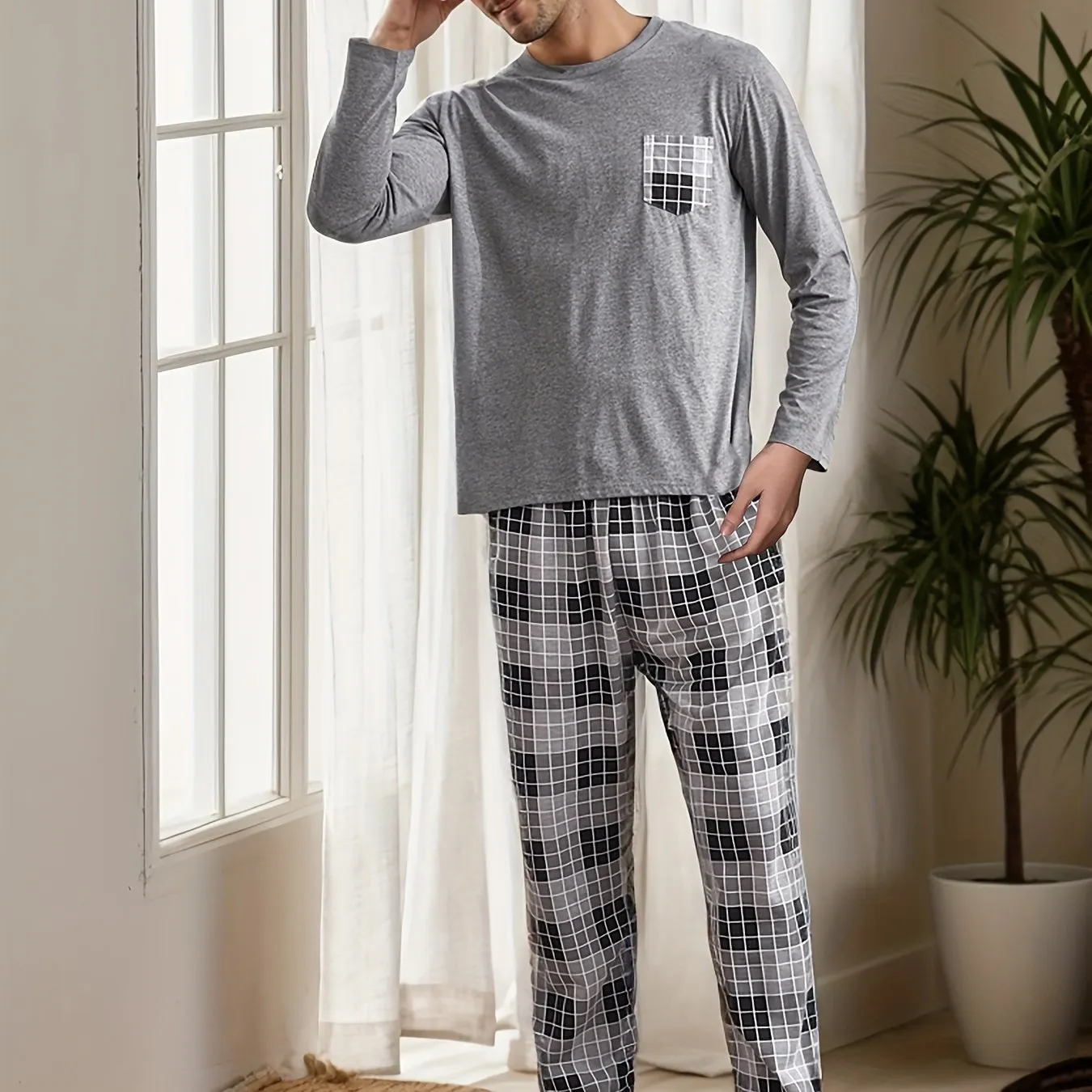 2 Pcs Men's Simple Plaid Pocket Round Neck Long Sleeve & Plaid Trousers Casual Pajama Set, Comfortable & Skin-friendly Style Pajamas For Men's Cozy Loungewear