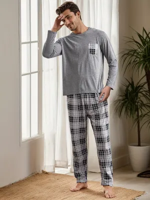 2 Pcs Men's Simple Plaid Pocket Round Neck Long Sleeve & Plaid Trousers Casual Pajama Set, Comfortable & Skin-friendly Style Pajamas For Men's Cozy Loungewear