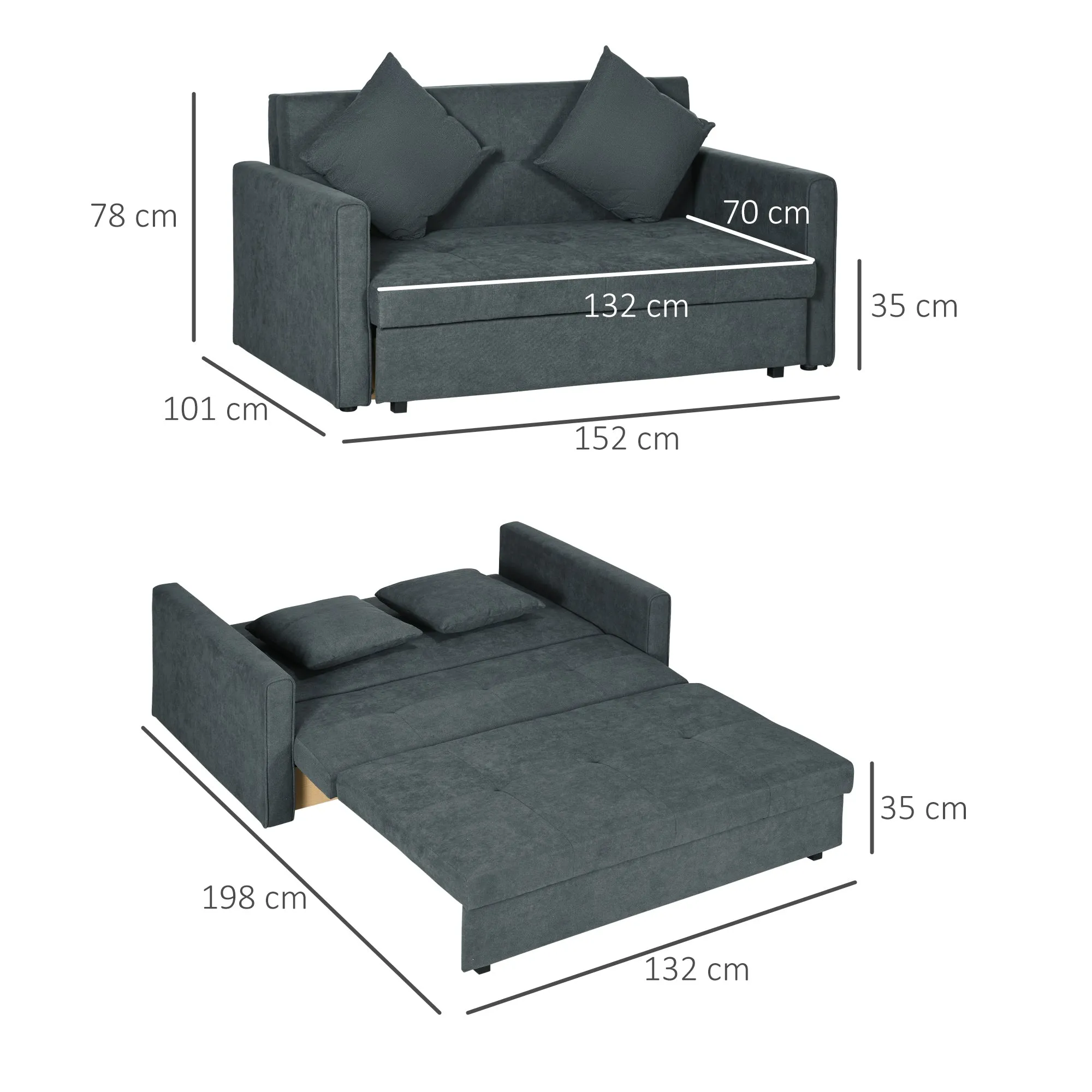 2 Seater Sofa Bed Convertible Settee, Modern Fabric Loveseat Couch With 2 Cushions Hidden Storage for Guest Room, Dark Grey