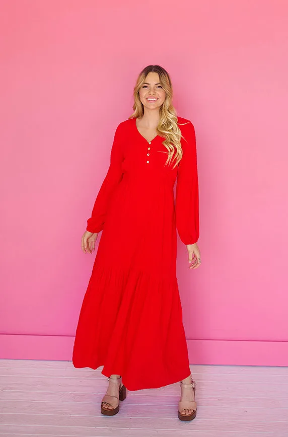 Abbie Red Waffle Maxi Dress - DM Exclusive - FINAL SALE