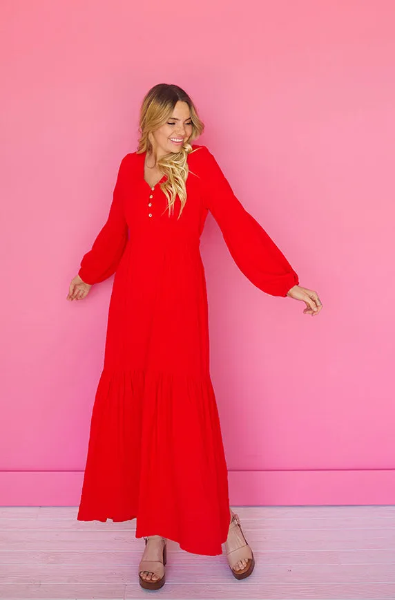 Abbie Red Waffle Maxi Dress - DM Exclusive - FINAL SALE