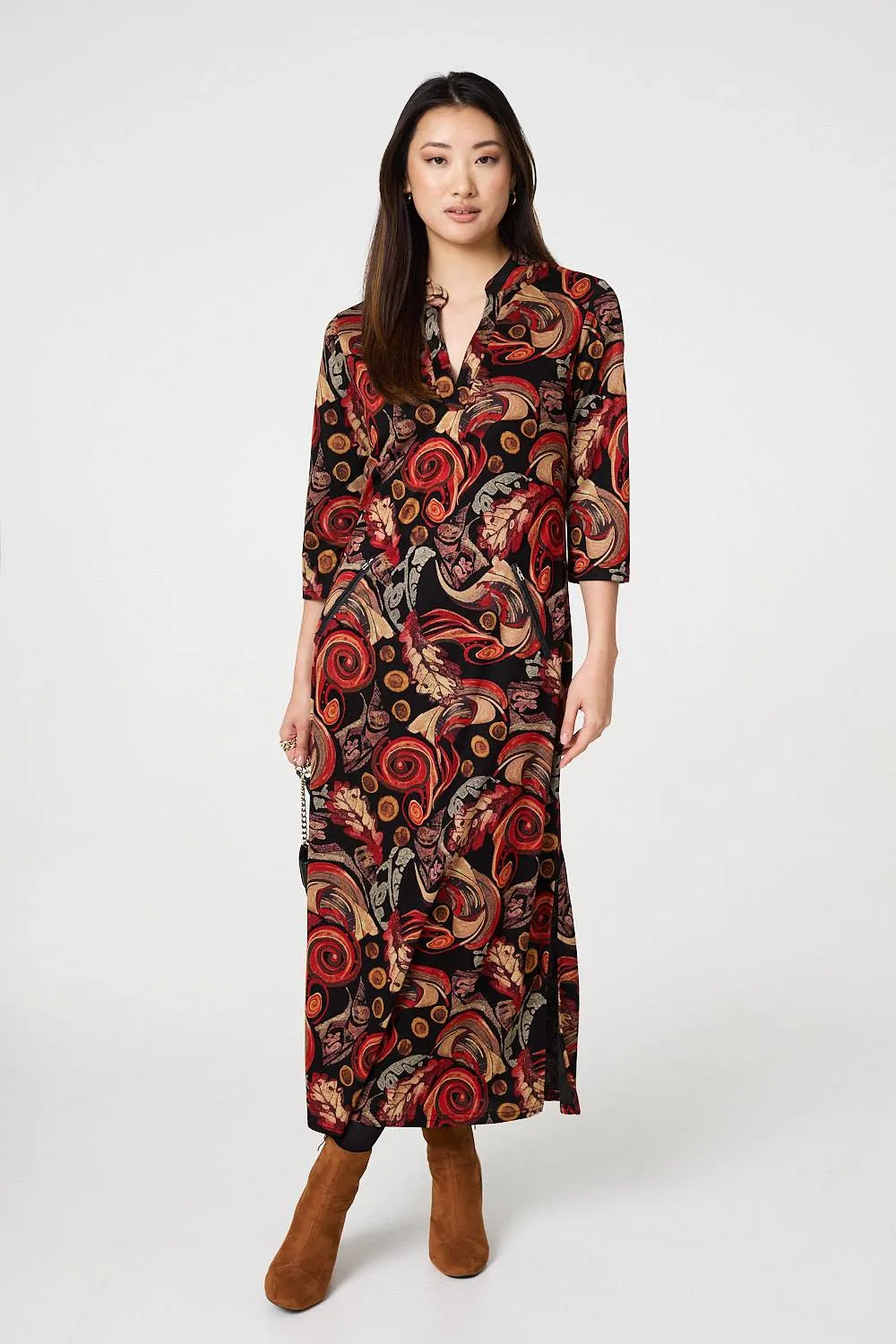 Abstract 3/4 Sleeve Maxi Shift Dress