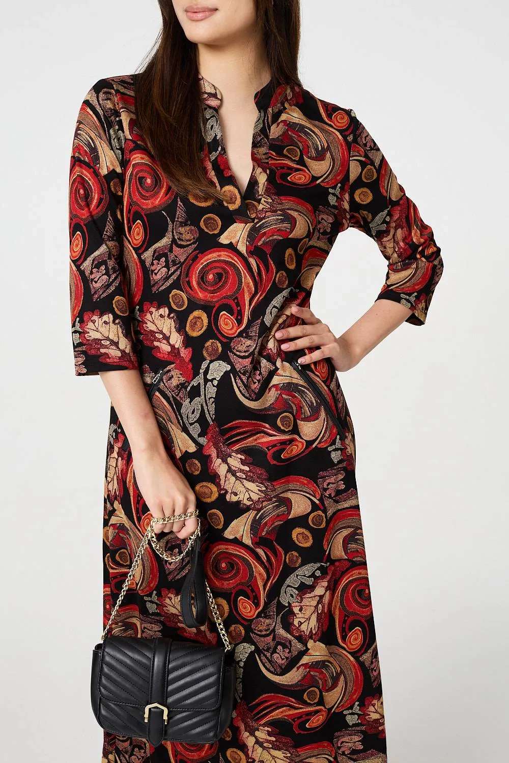 Abstract 3/4 Sleeve Maxi Shift Dress