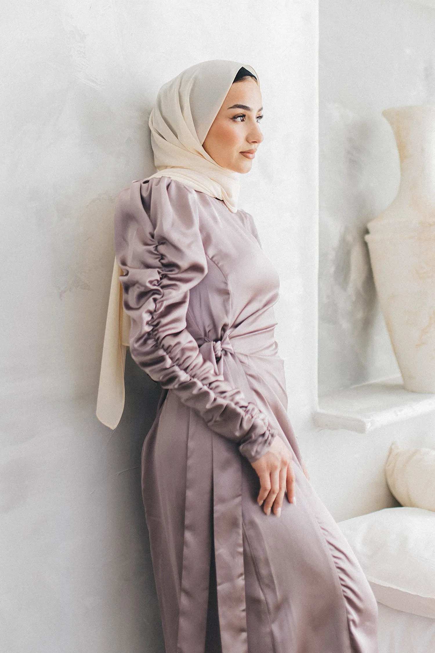 Amelia Wrap Satin Dress- Lavendar