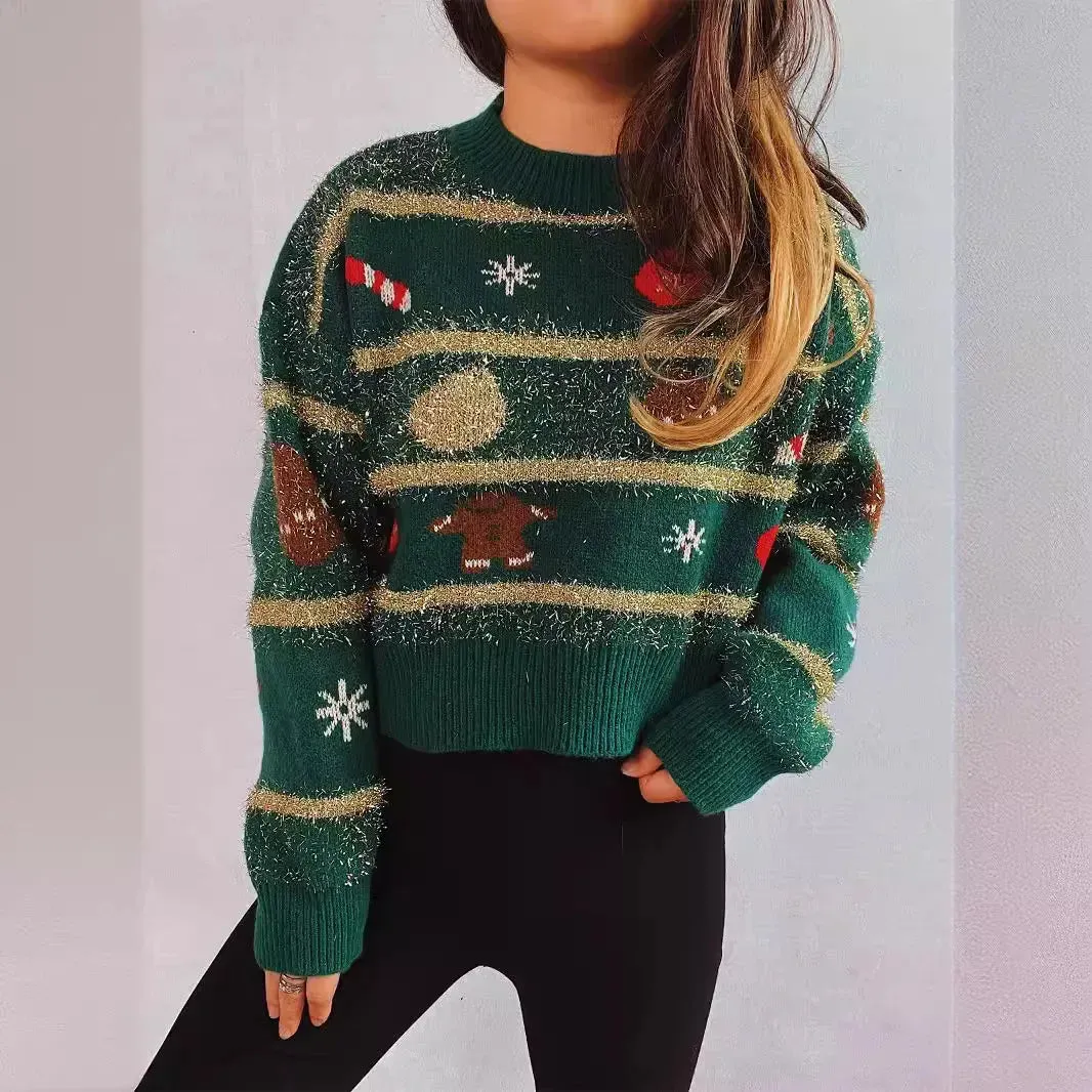 Amozae-Jacquard Knitted Sweater Christmas Decoration Golden Line Stripe Loose Fit Round Neck Cropped Pullover Shirt Christmas Sweater