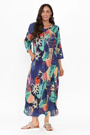 Apia Navy Geo Cotton Maxi Dress