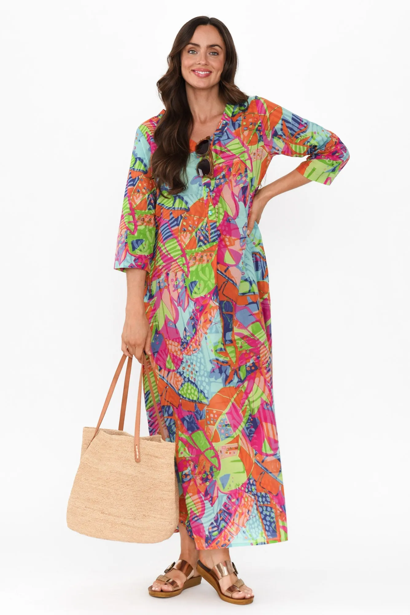 Apia Sky Blue Tropical Cotton Maxi Dress