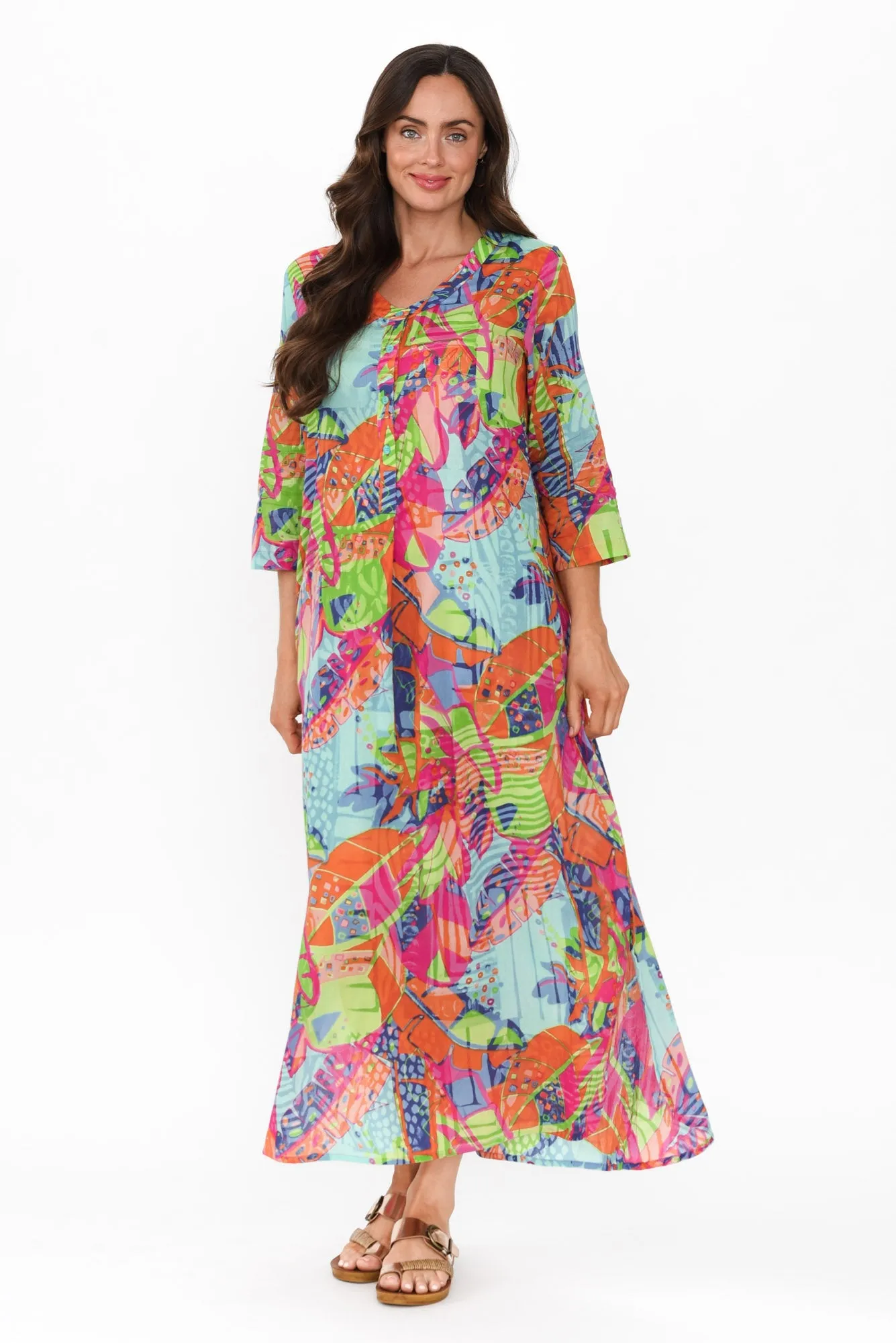 Apia Sky Blue Tropical Cotton Maxi Dress