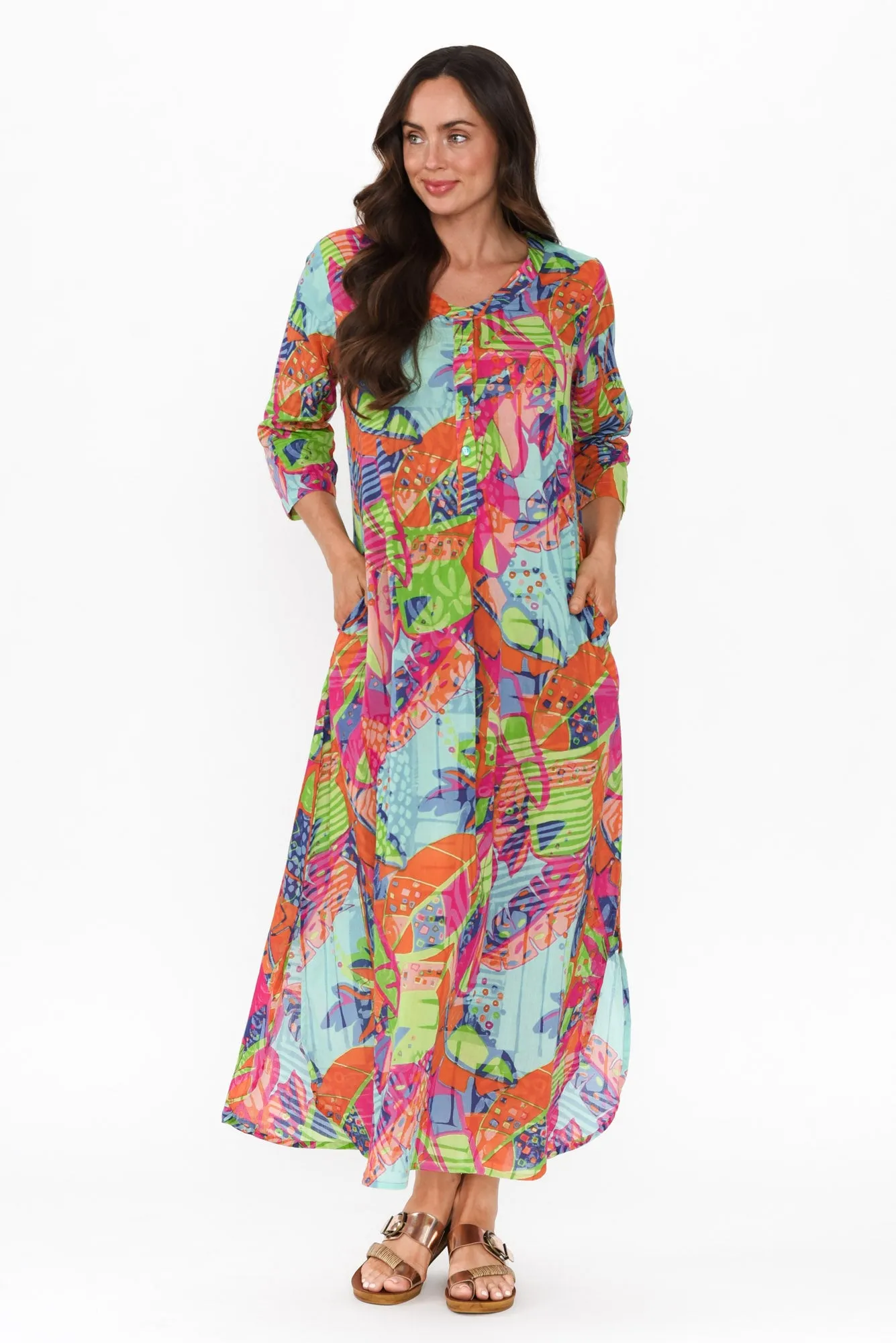 Apia Sky Blue Tropical Cotton Maxi Dress