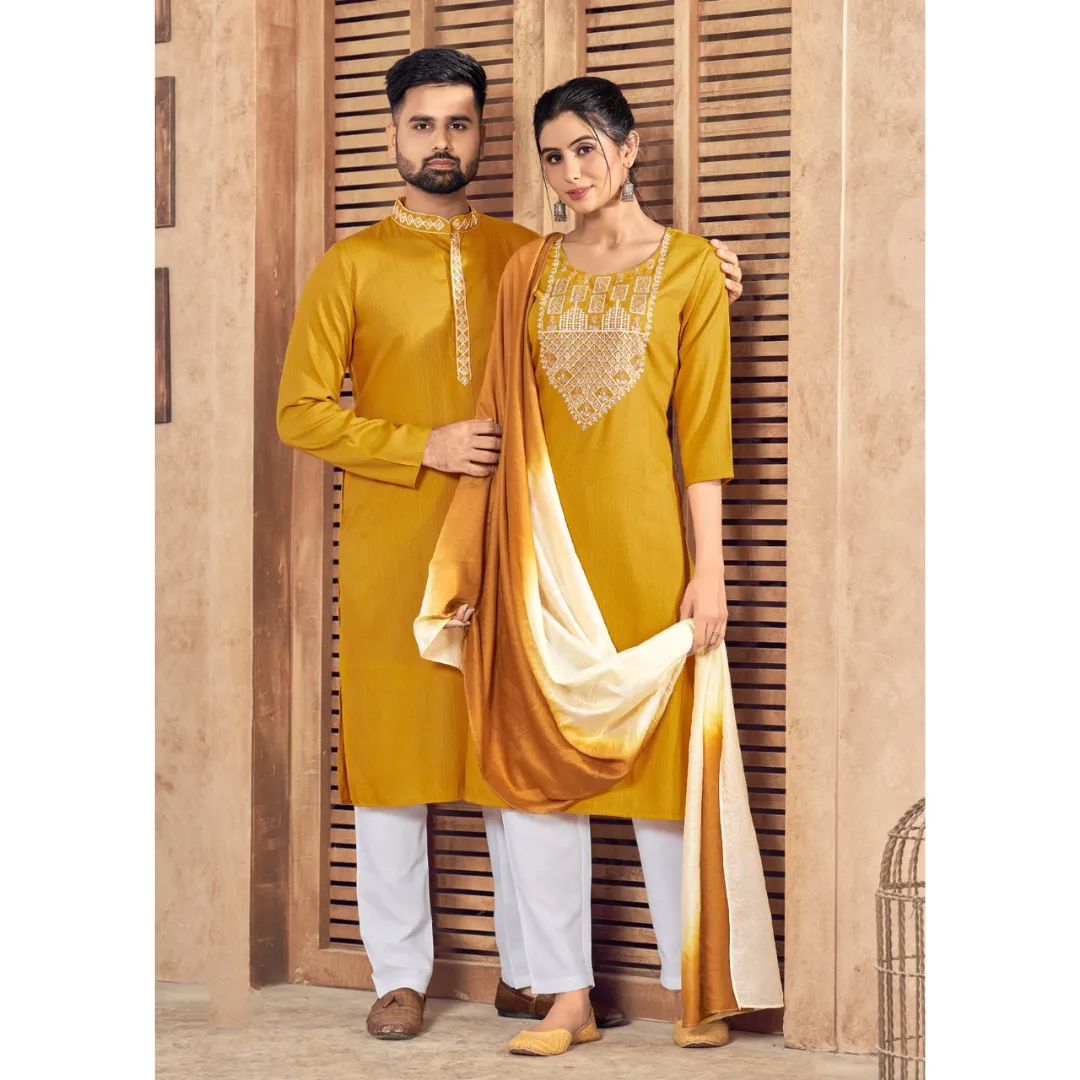 Beautiful Couple Wear Yellow Same Matching Outfits Set