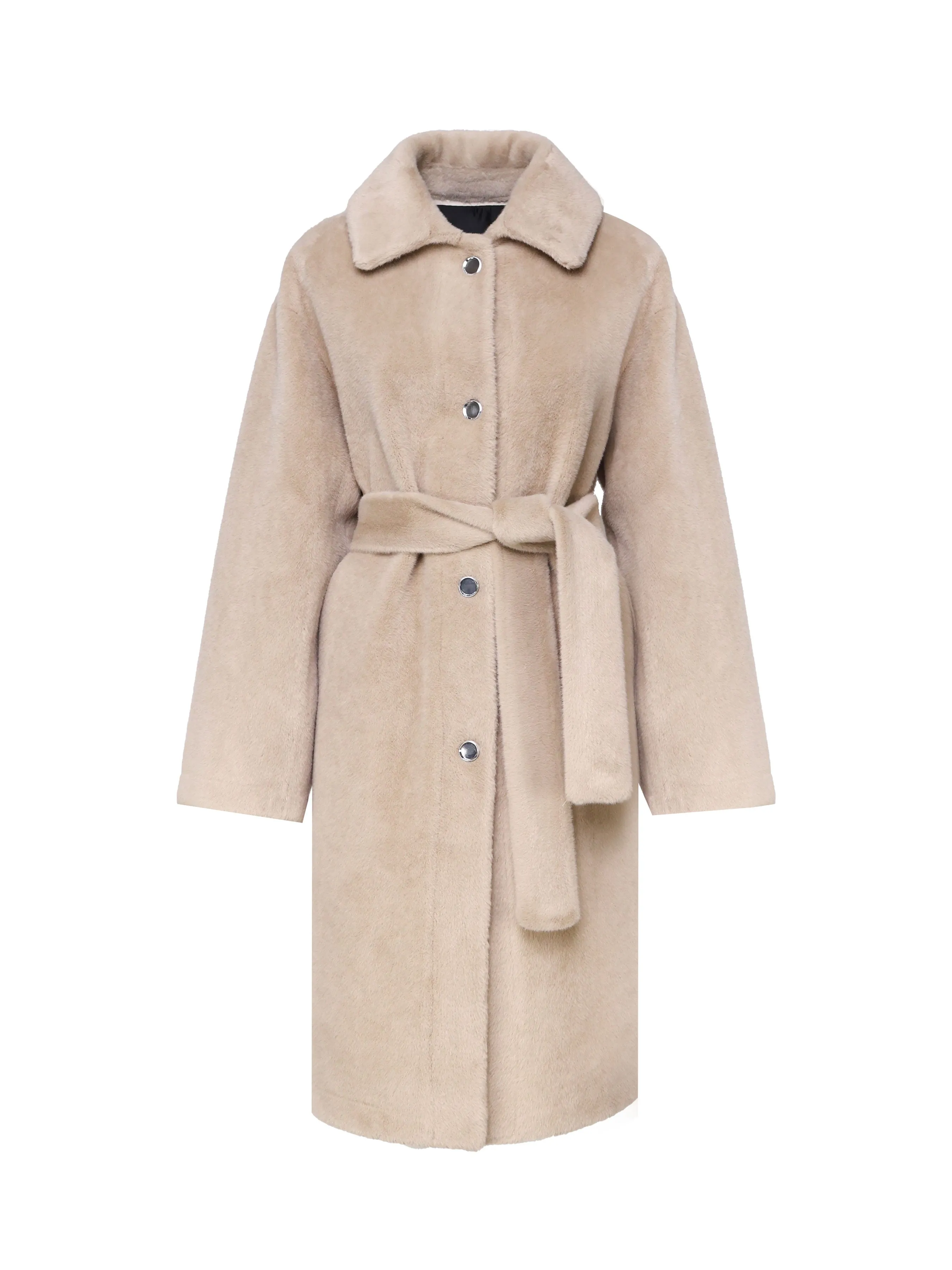 Beige Eco Fur Coat with Belt