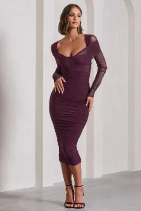 Between The Lines | Plum Ruched Mesh Long-Sleeved Bodycon Midi Dress