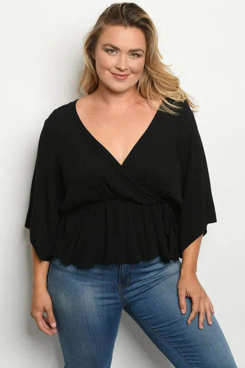 Black Faux Wrap Plus Size Peplum Top