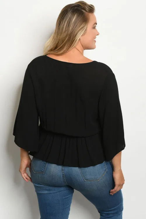 Black Faux Wrap Plus Size Peplum Top