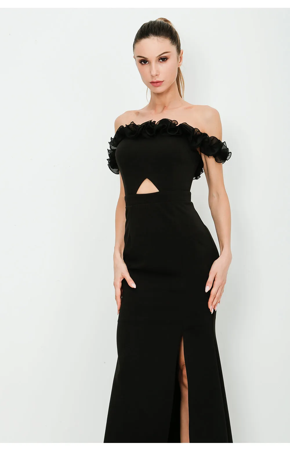 Black Ruffle Off Shoulder Cocktail Maxi Dress