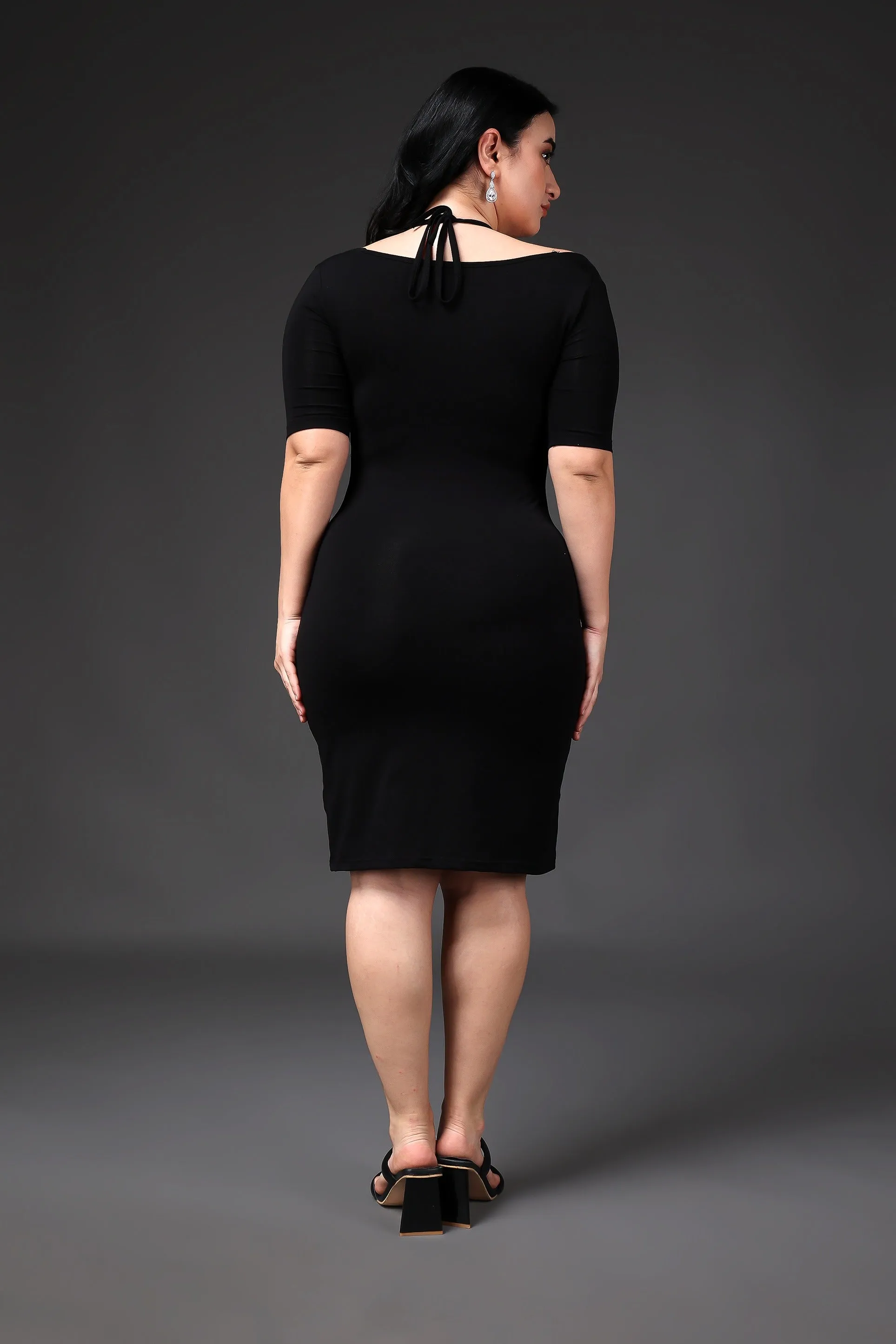 Black Solid Front Cut Bodycon Dress