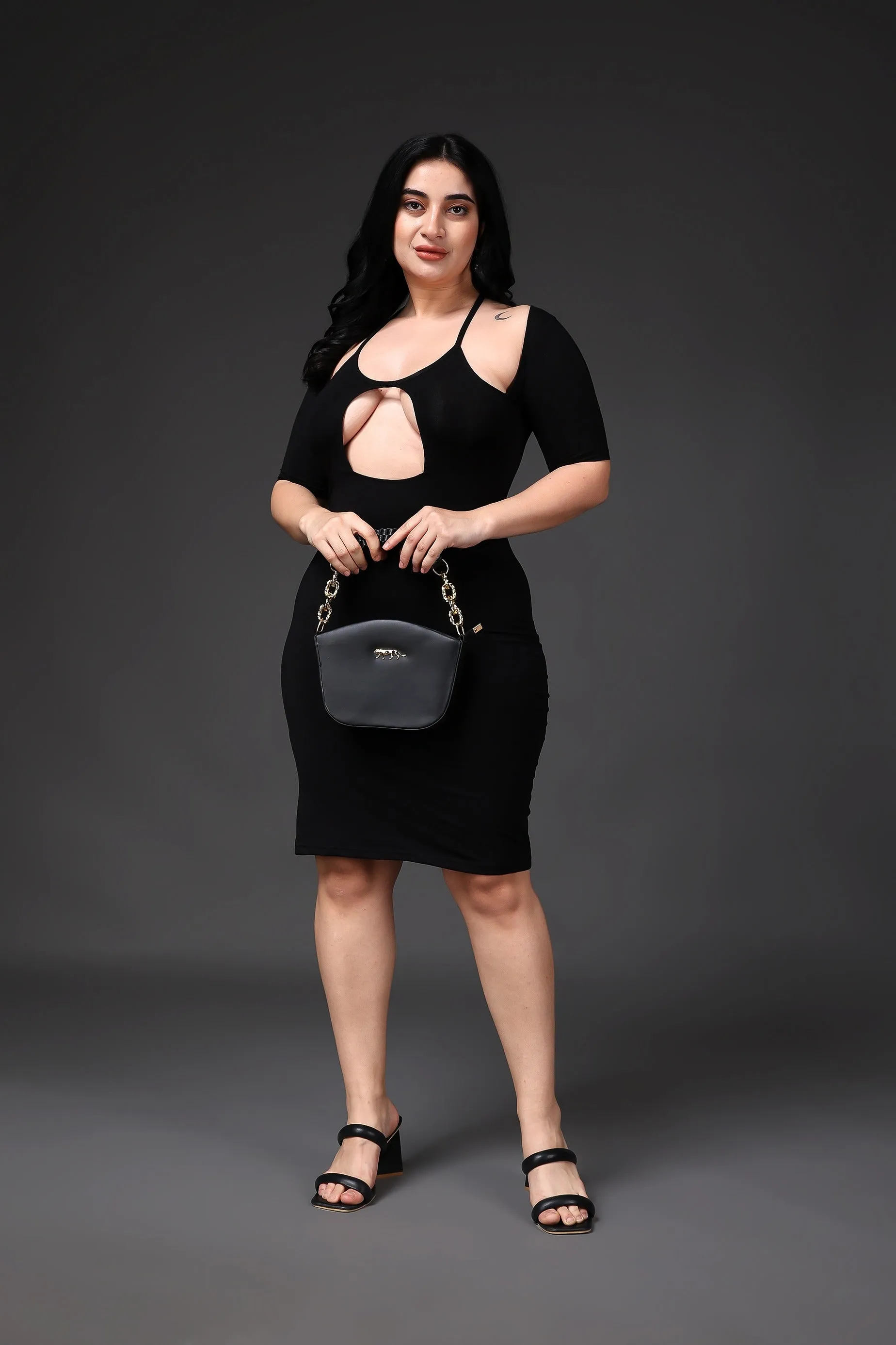 Black Solid Front Cut Bodycon Dress