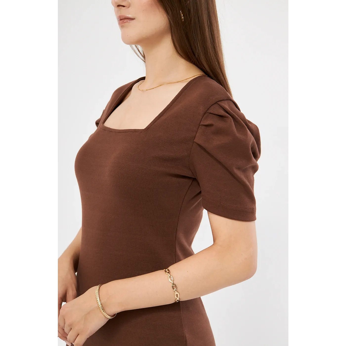 Brown Square Neck Puff Sleeves Bodycon Dress