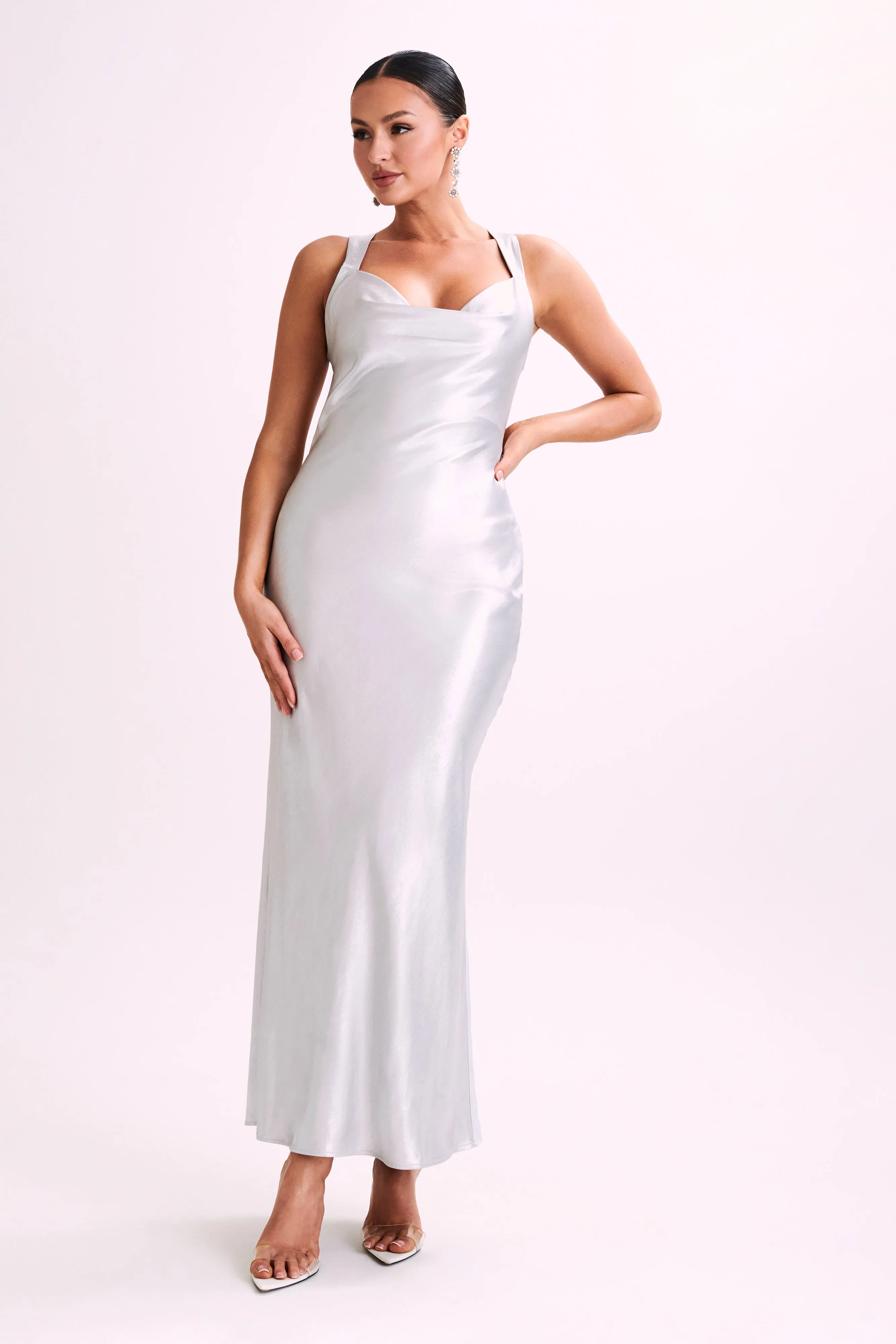 Caellie Satin Cowl Maxi Dress - Silver