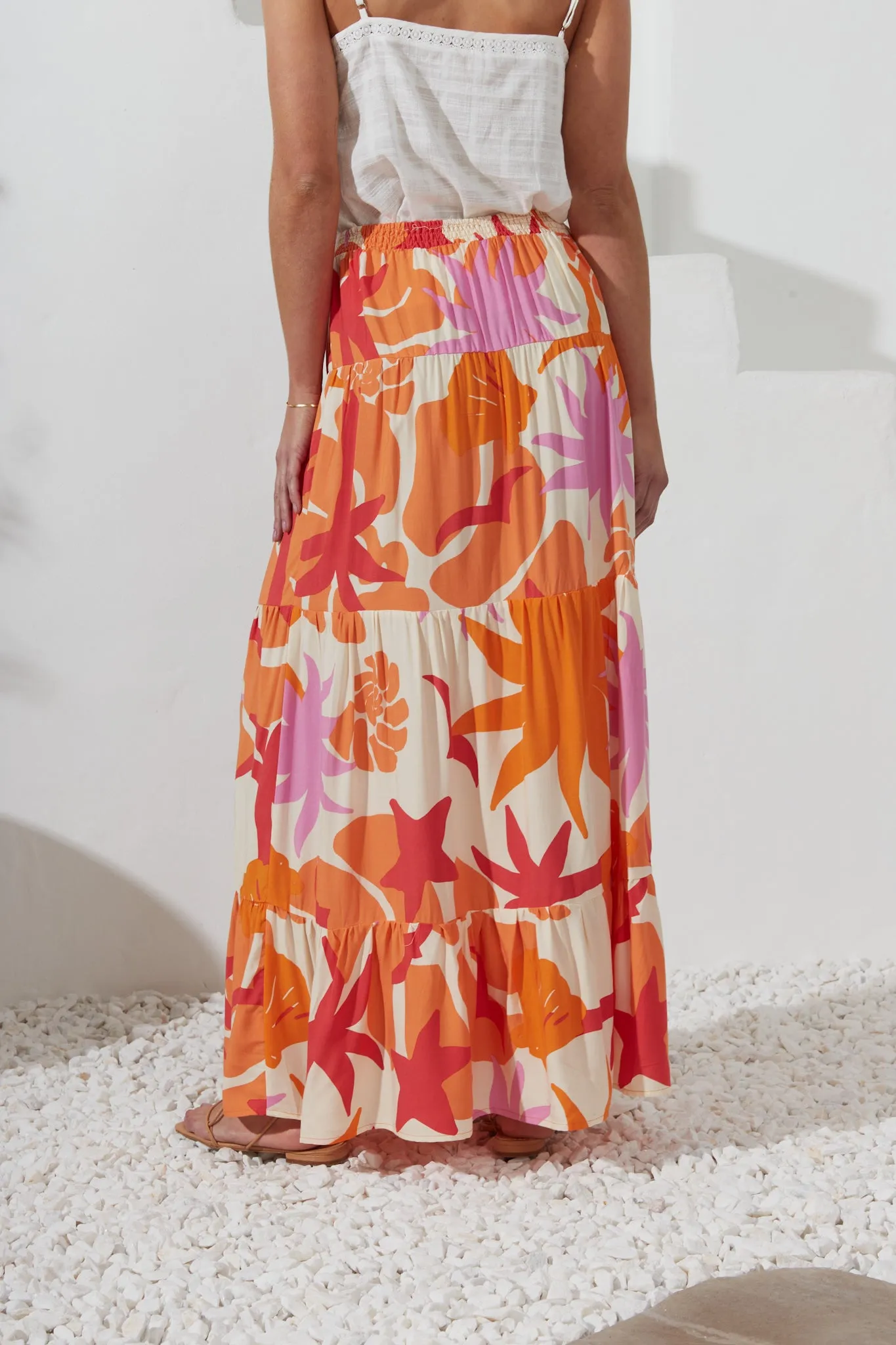 Calinda Orange Abstract Tiered Maxi Skirt