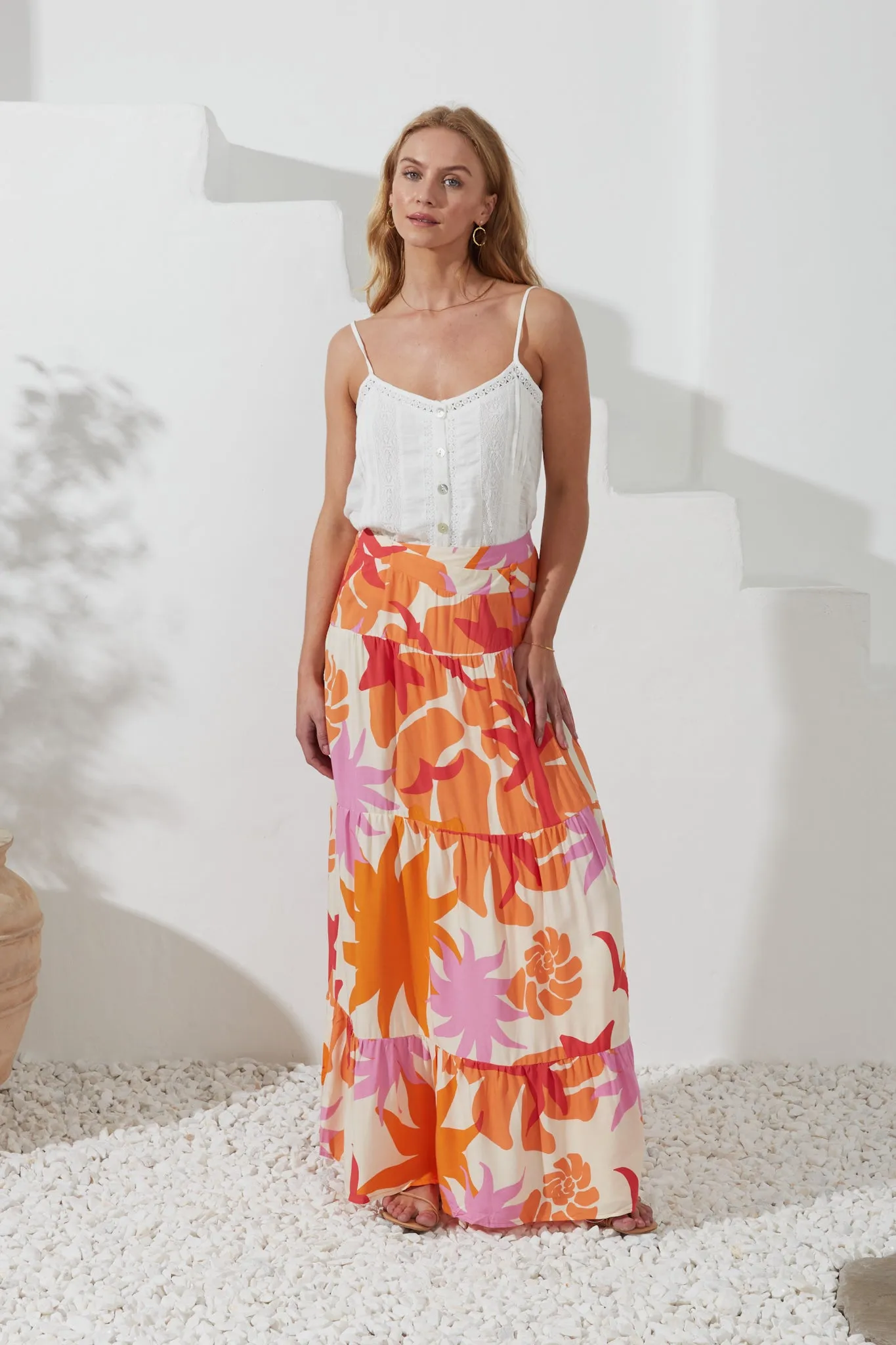 Calinda Orange Abstract Tiered Maxi Skirt