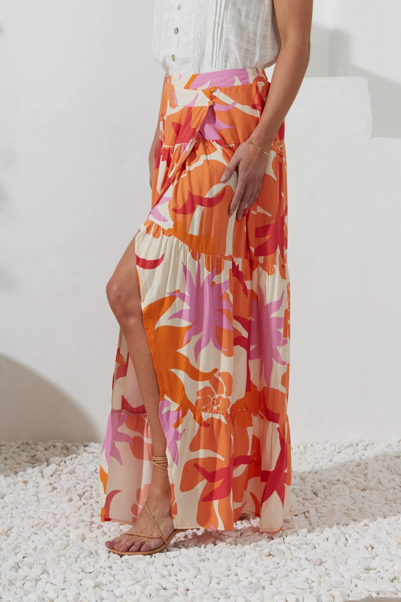 Calinda Orange Abstract Tiered Maxi Skirt