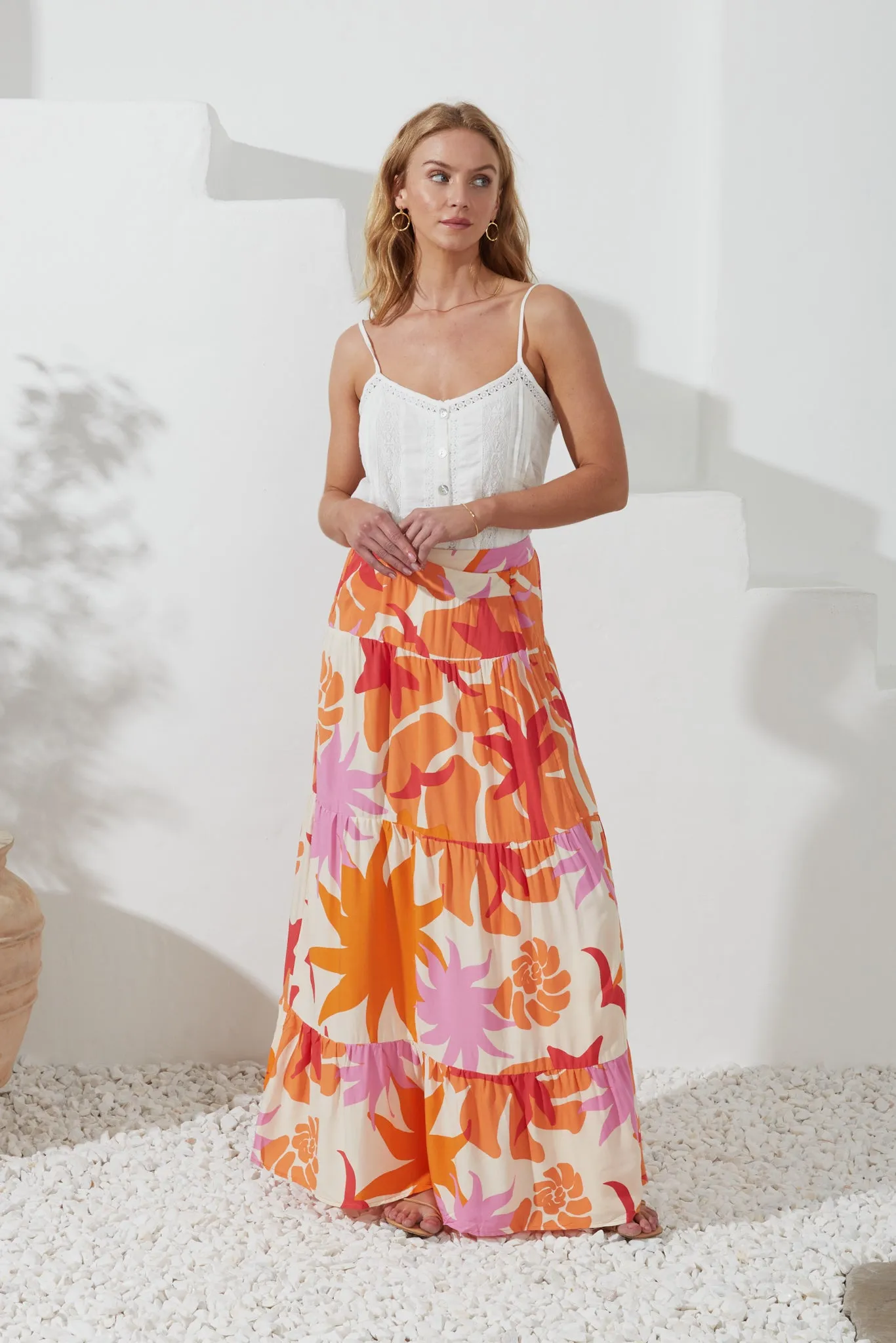 Calinda Orange Abstract Tiered Maxi Skirt