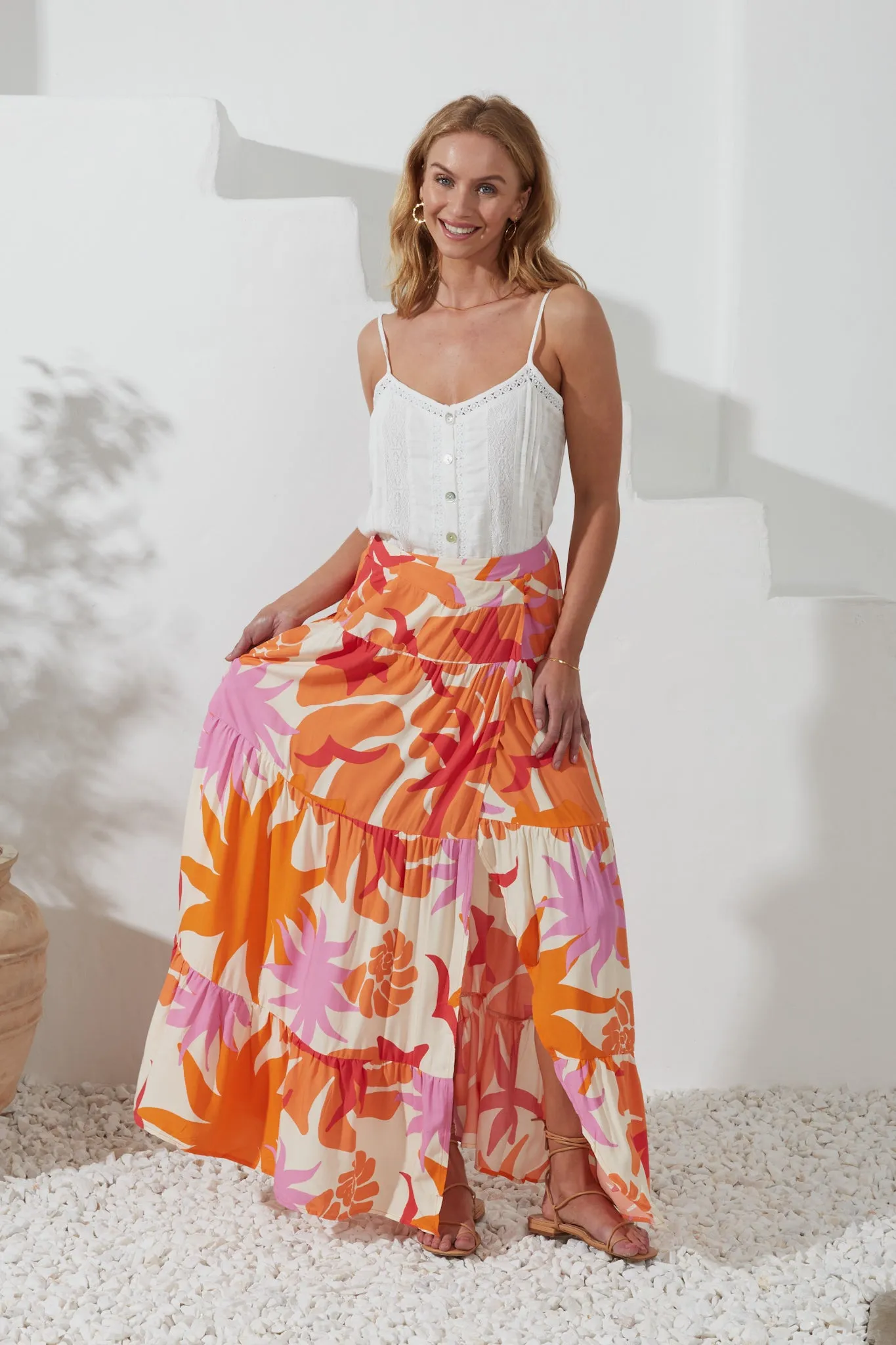 Calinda Orange Abstract Tiered Maxi Skirt