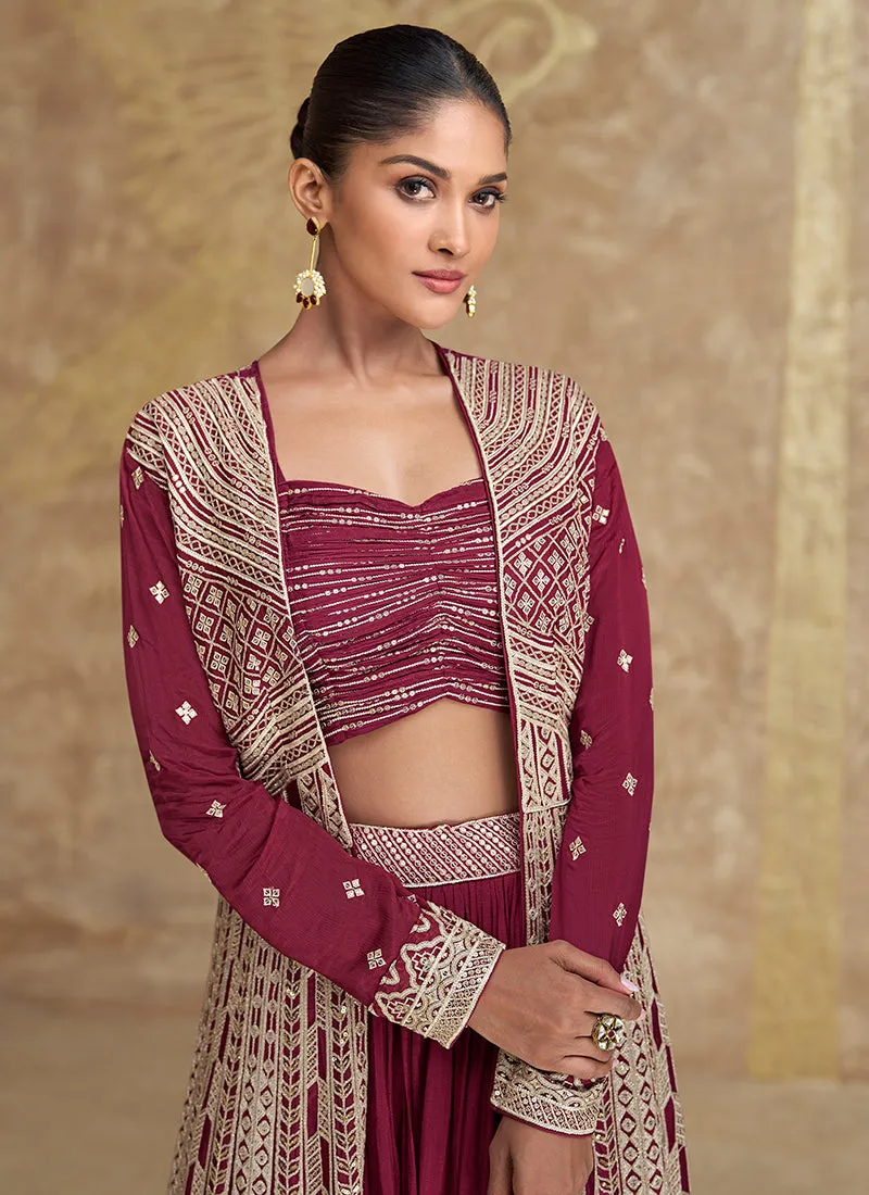 Cherry Red Embroidery Festive Jacket Style Lehenga