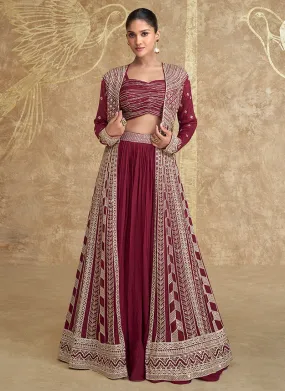 Cherry Red Embroidery Festive Jacket Style Lehenga