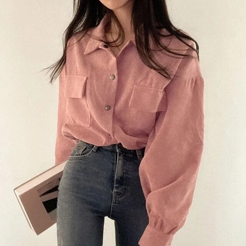 Chic Corduroy Long Sleeve Cropped Women's Blouse Jacket Drawstring and Pockets