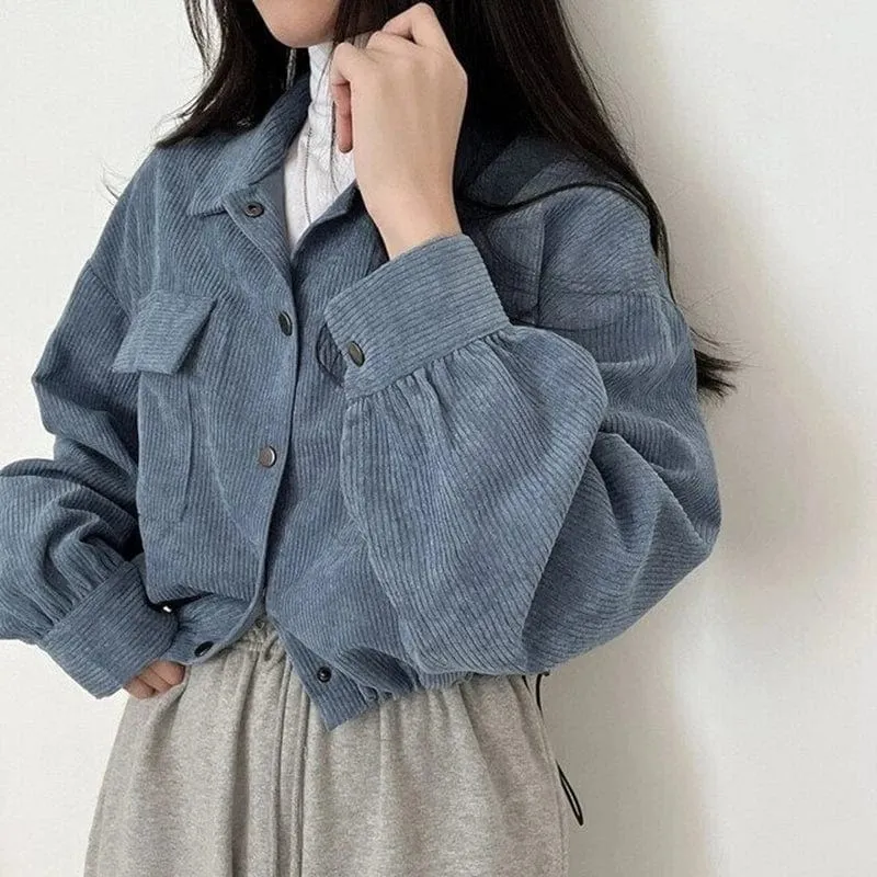 Chic Corduroy Long Sleeve Cropped Women's Blouse Jacket Drawstring and Pockets