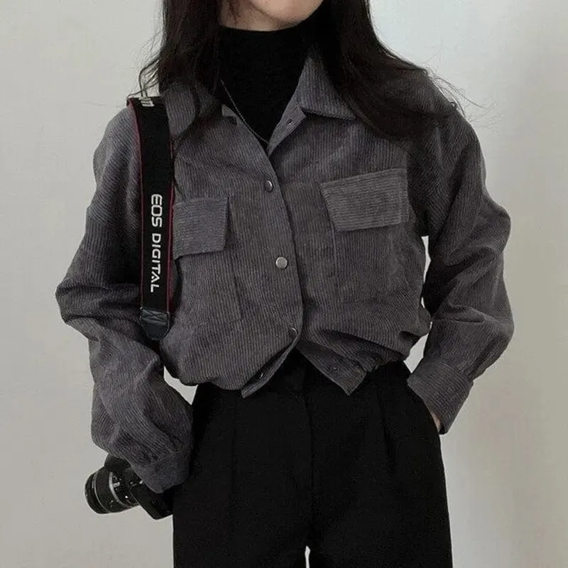 Chic Corduroy Long Sleeve Cropped Women's Blouse Jacket Drawstring and Pockets