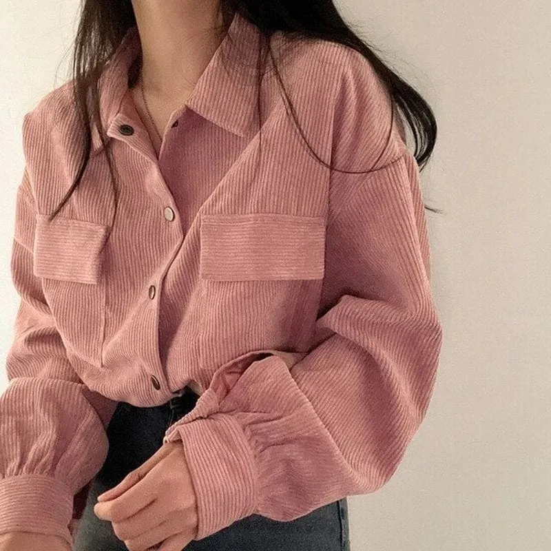 Chic Corduroy Long Sleeve Cropped Women's Blouse Jacket Drawstring and Pockets