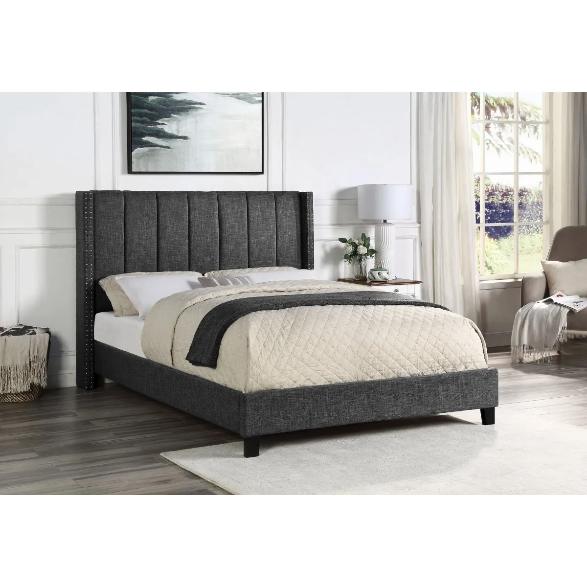 Clara Queen Bed - Dark Grey Linen Upholstered with Tufted Headboard and Nailhead Trim