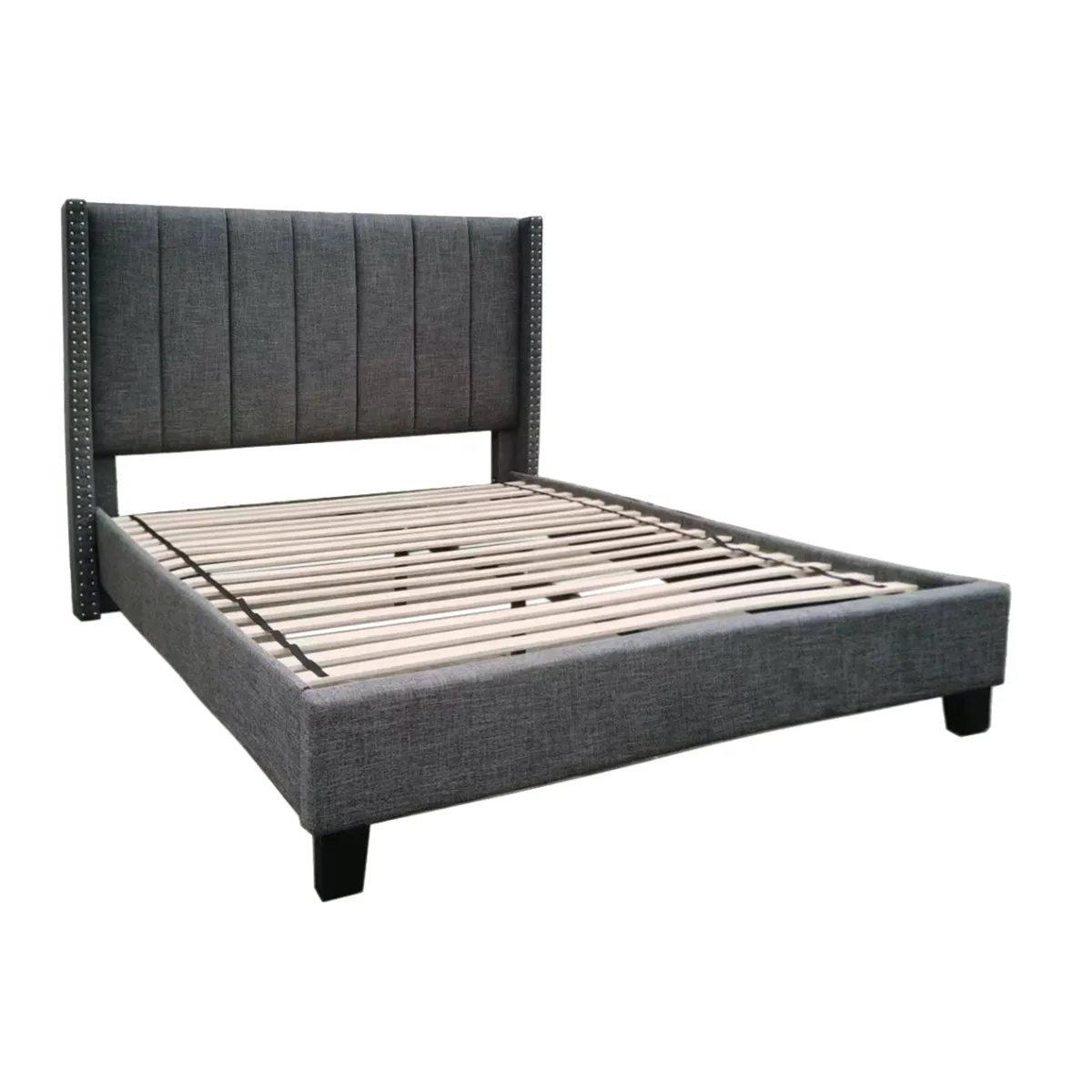 Clara Queen Bed - Dark Grey Linen Upholstered with Tufted Headboard and Nailhead Trim