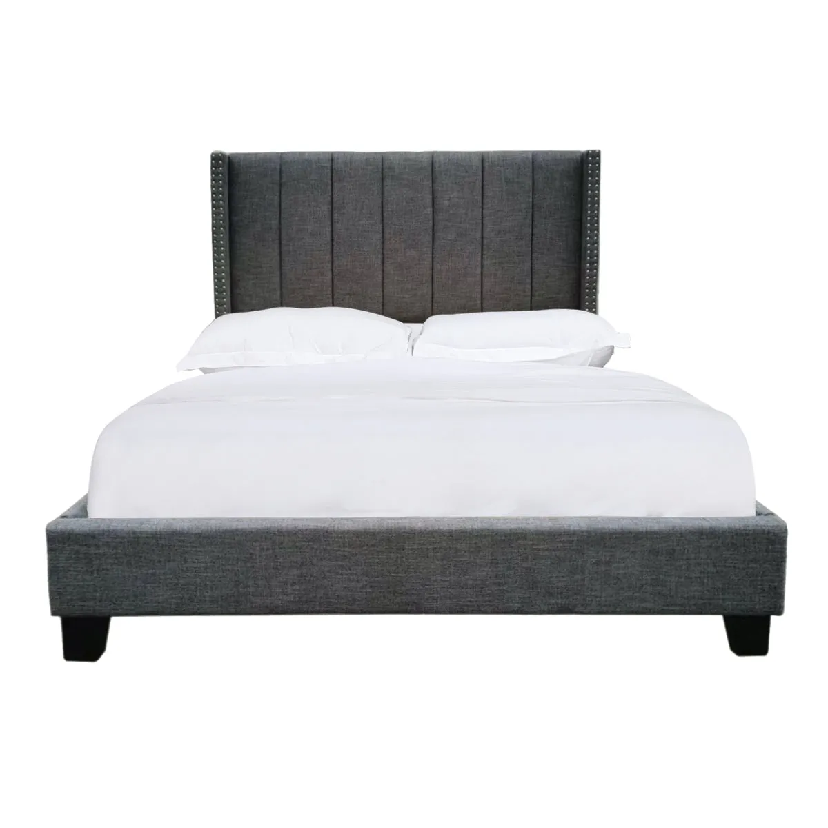 Clara Queen Bed - Dark Grey Linen Upholstered with Tufted Headboard and Nailhead Trim