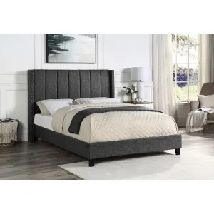 Clara Queen Bed - Dark Grey Linen Upholstered with Tufted Headboard and Nailhead Trim