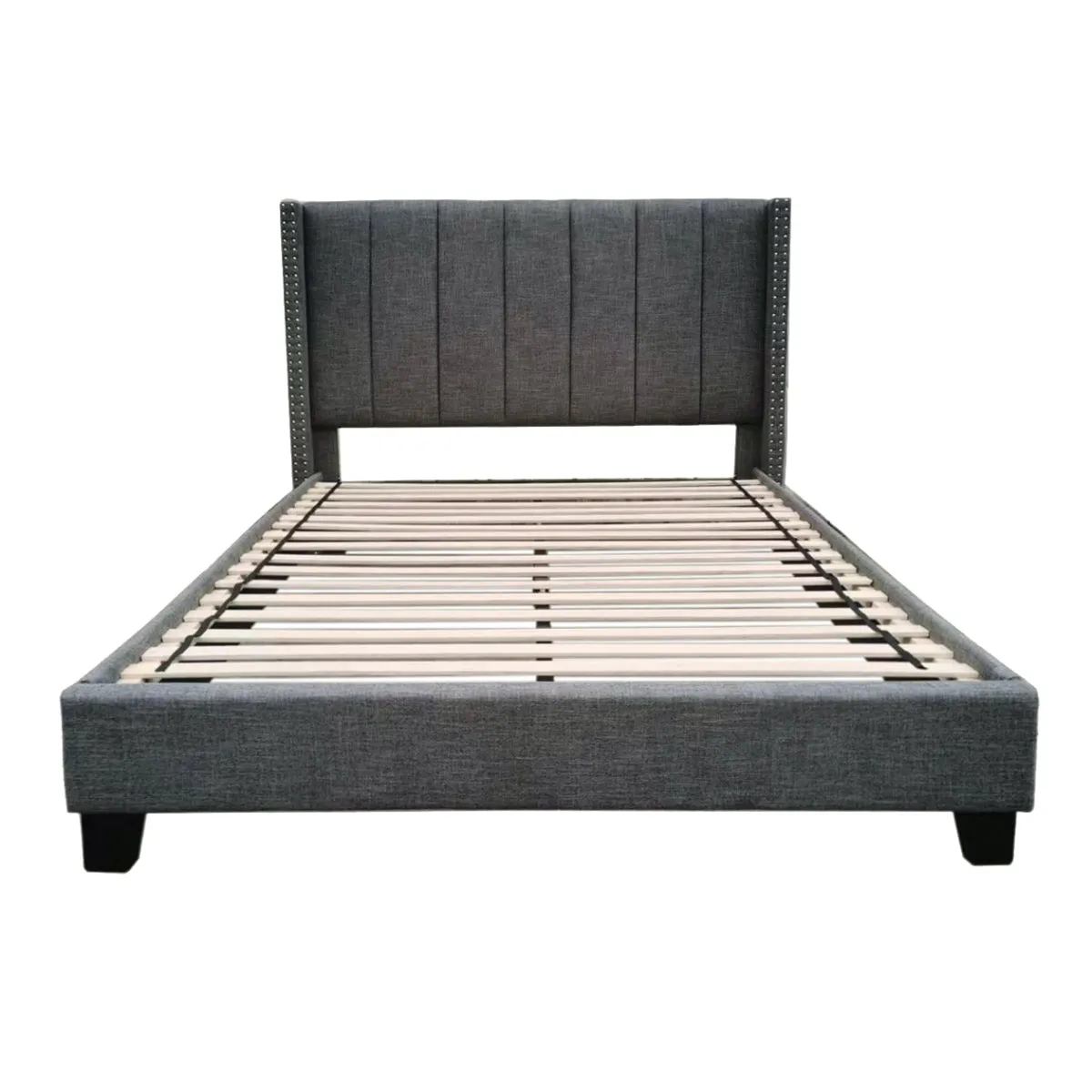 Clara Queen Bed - Dark Grey Linen Upholstered with Tufted Headboard and Nailhead Trim