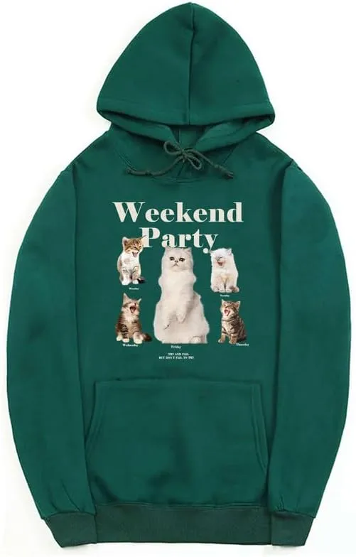 CORIRESHA Unisex Cat Lover Cute Hoodie Casual Long Sleeve Drawstring Basic Letter Sweatshirt