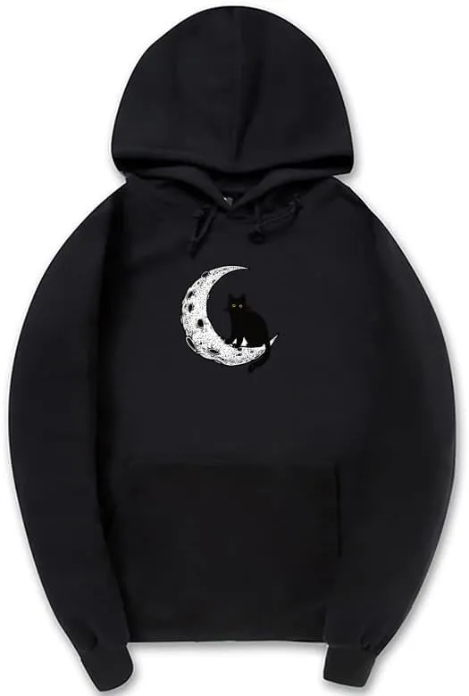 CORIRESHA Unisex Moon Cat Hoodie Casual Long Sleeve Soft Cute Sweatshirt with Pocket