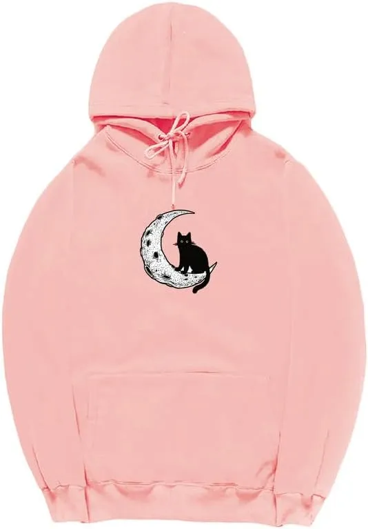 CORIRESHA Unisex Moon Cat Hoodie Casual Long Sleeve Soft Cute Sweatshirt with Pocket