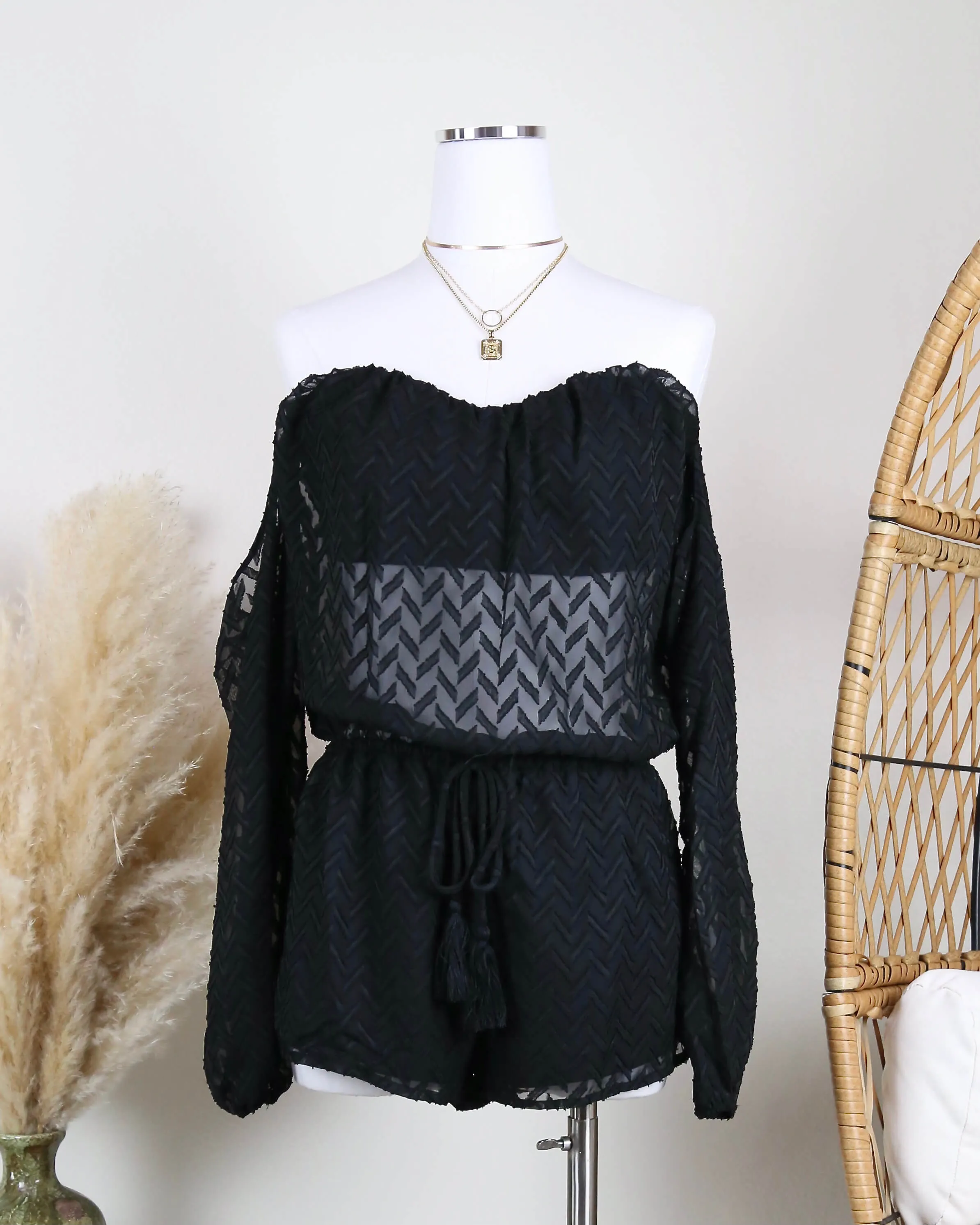 Cotton Candy LA - Strapless Cold Shoulder Boho Romper in Black