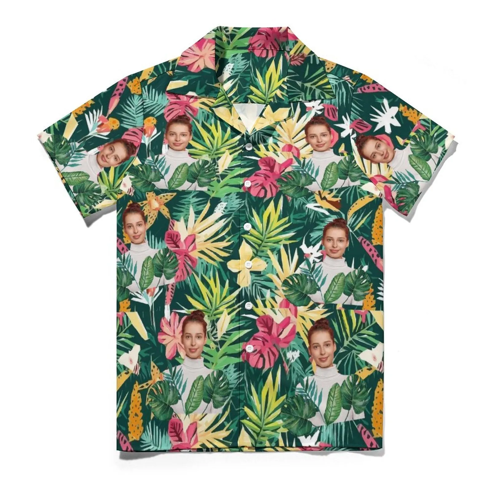 Custom Face Green Plants Men's Lapel Shirt Cuban Collar Hawaiian Shirt