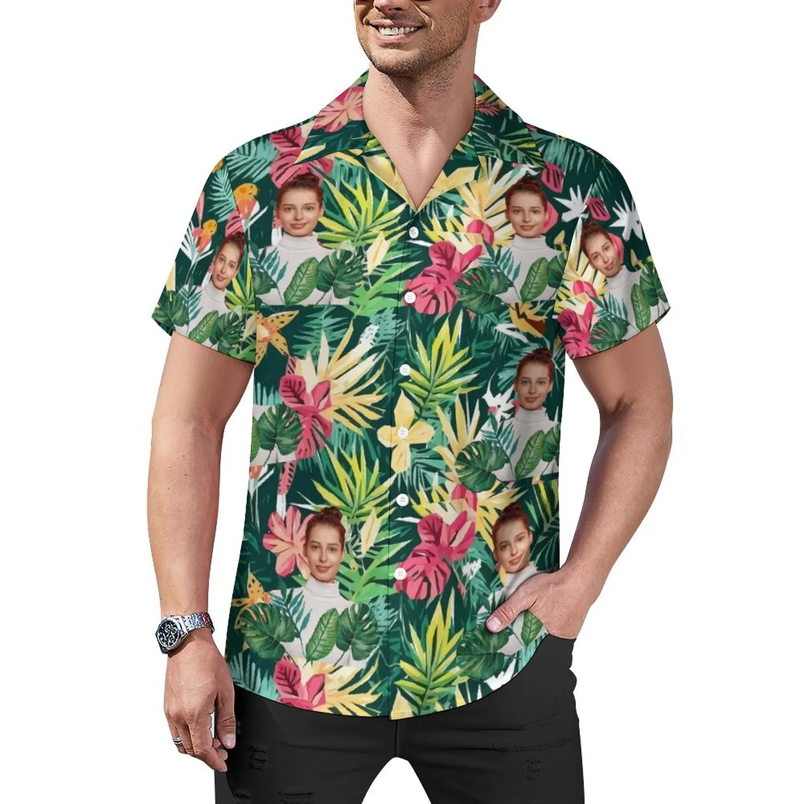 Custom Face Green Plants Men's Lapel Shirt Cuban Collar Hawaiian Shirt