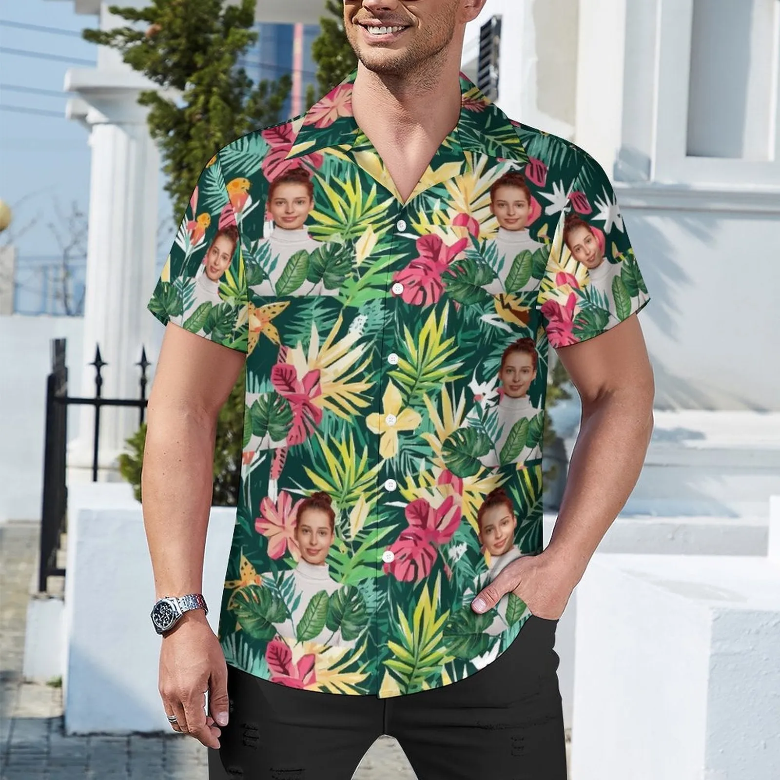 Custom Face Green Plants Men's Lapel Shirt Cuban Collar Hawaiian Shirt