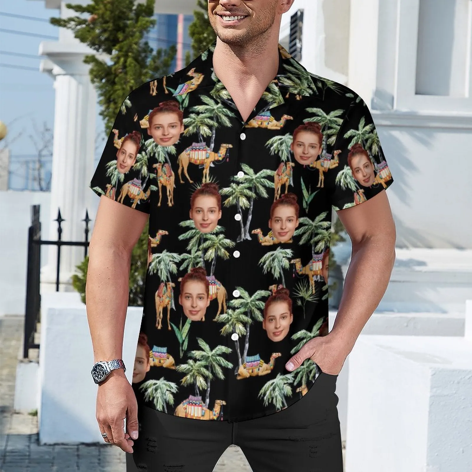 Custom Face Palm Trees and Camels Black Men's Lapel Shirt Cuban Collar Hawaiian Shirt