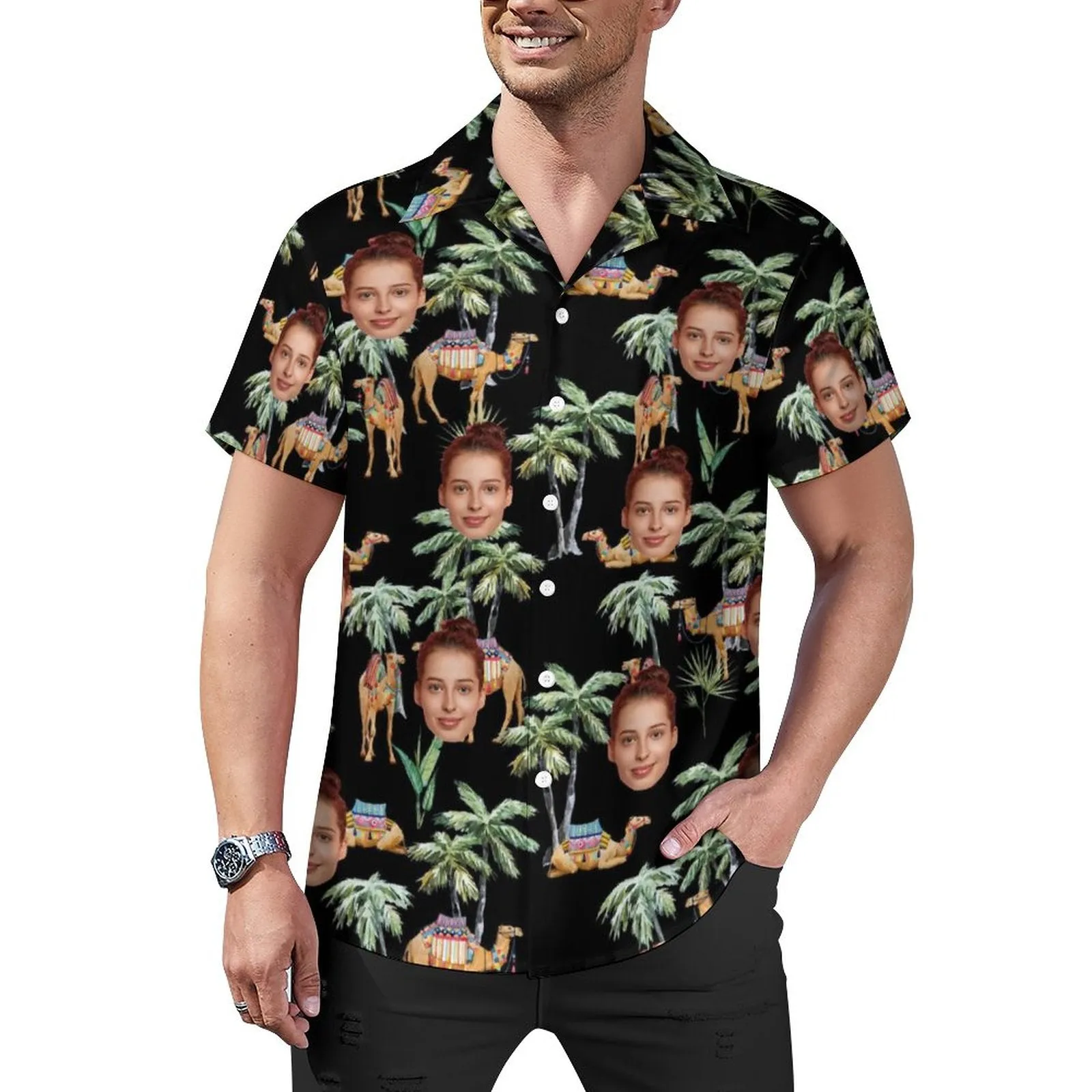 Custom Face Palm Trees and Camels Black Men's Lapel Shirt Cuban Collar Hawaiian Shirt