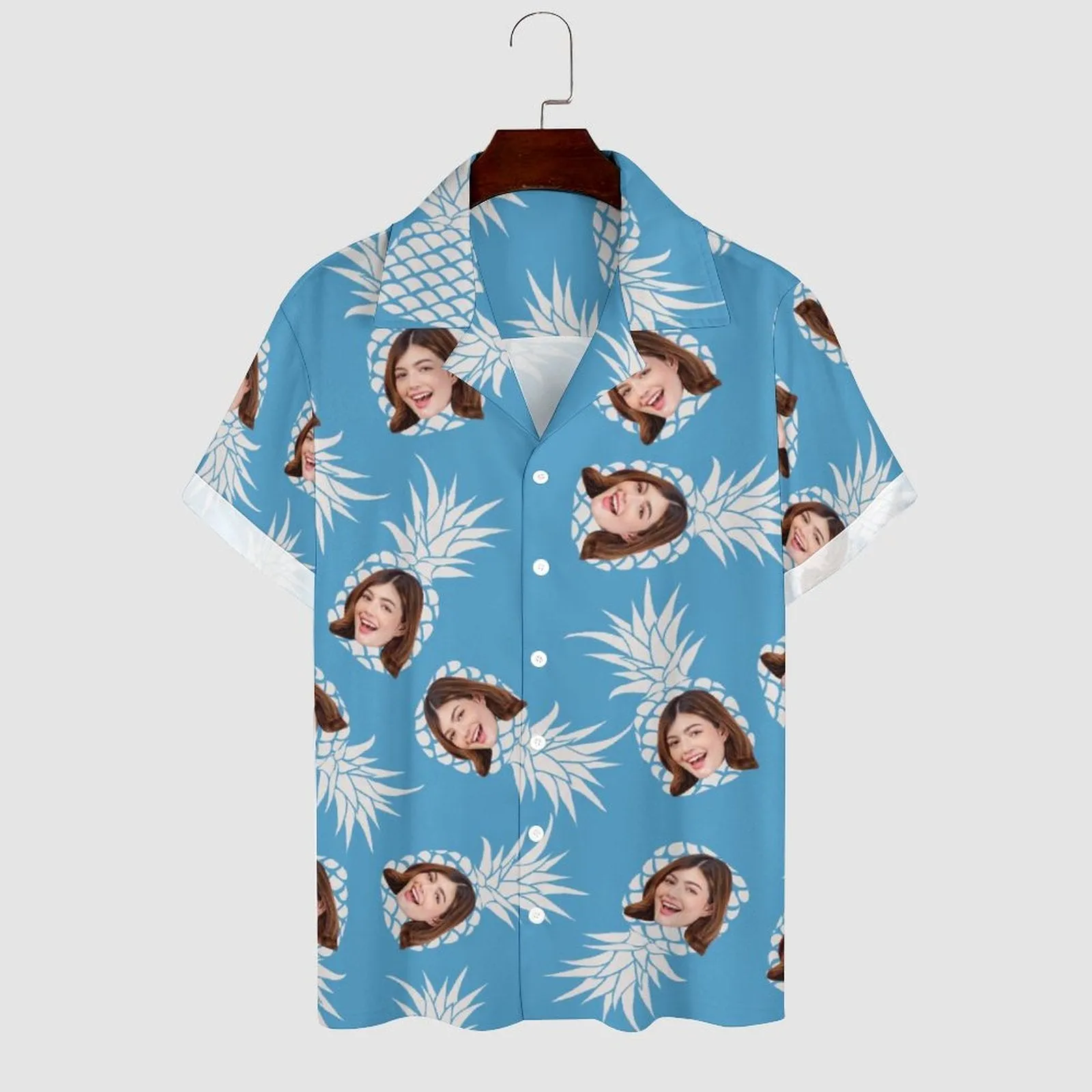 Custom Face Pineapple Blue Men's Lapel Shirt Cuban Collar Hawaiian Shirt